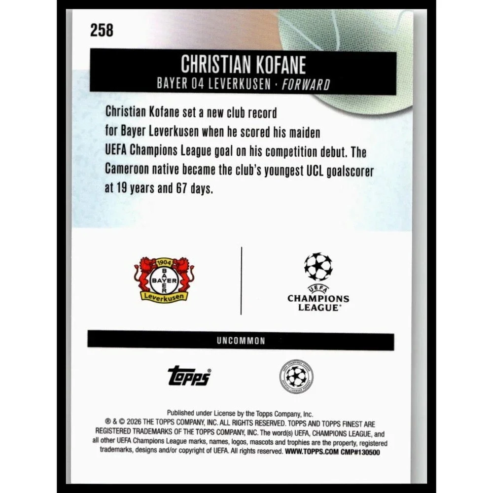 2025-26 Finest UEFA Christian Kofane #258 Bayer 04 Leverkusen Uncommon Rookie